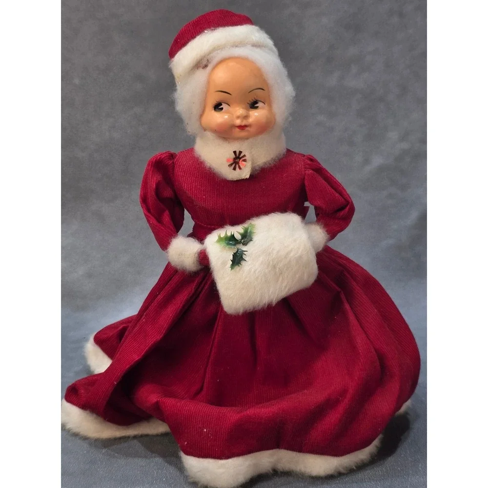 Vintage MCM Christmas Doll Red Corduroy Dress Dish Soap Bottle Doll 12.5 Inch